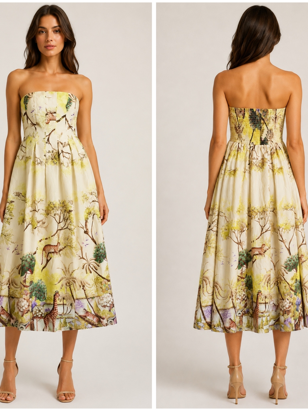 Caroline Constas, Strapless Ivory and Yellow Safari Jungle Print Midi Dress